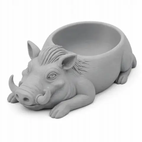 3D model of a warthog-shaped bowl with detailed features, designed for 3D printing.