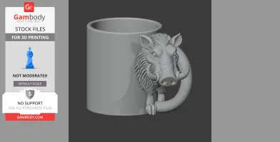 A 3D model of a mug featuring a detailed warthog face with tusks as the handle.
