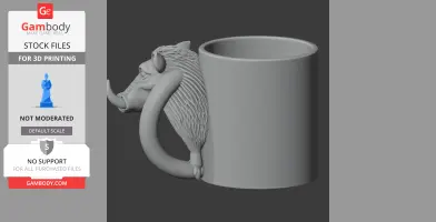 A 3D model of a mug with a warthog head design, featuring tusks as the handle.