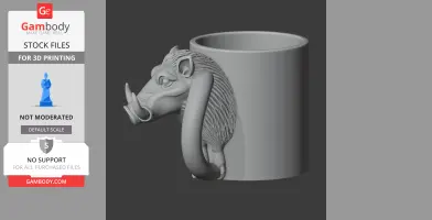 A 3D model of a mug with a detailed warthog head and tusks as a handle.
