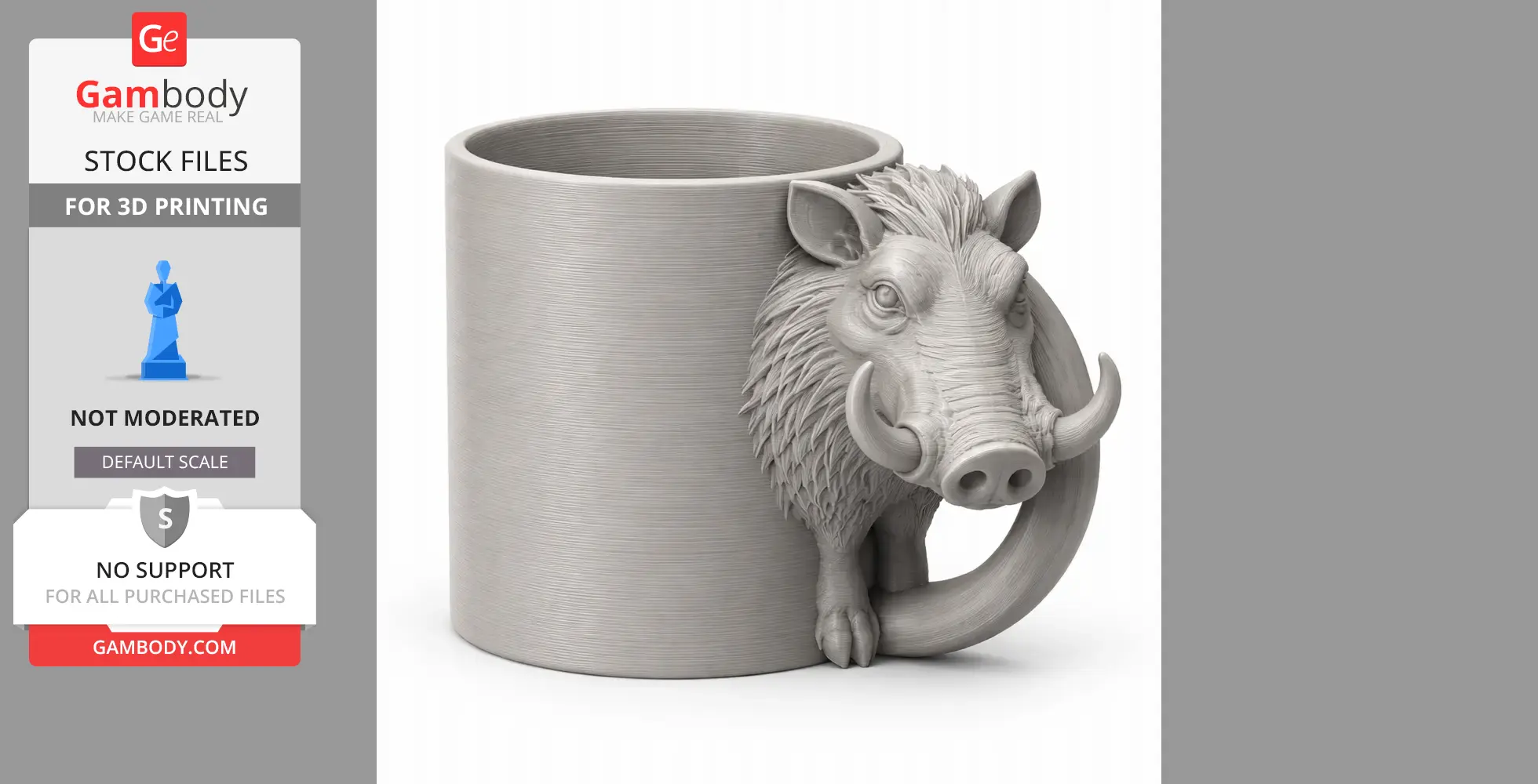 A 3D printable mug shaped like a warthog's head with tusks, acting as the mug's handle.