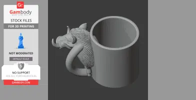 3D model of a mug with a warthog head on the side, designed for 3D printing.