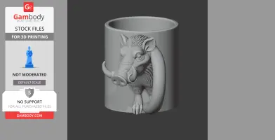 A 3D printable mug featuring a detailed warthog head protruding from the side.