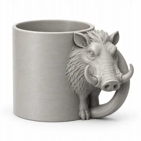 A mug with a detailed warthog head and its leg forming the handle.