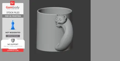 A 3D model of a mug with a weasel figure as the handle, designed for 3D printing.