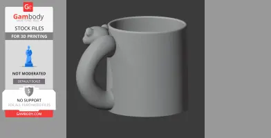 A 3D model of a mug with a weasel-shaped handle designed for 3D printing.