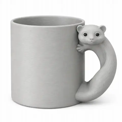 A gray mug with a weasel-shaped handle, featuring the weasel's head and tail wrapping around the side.
