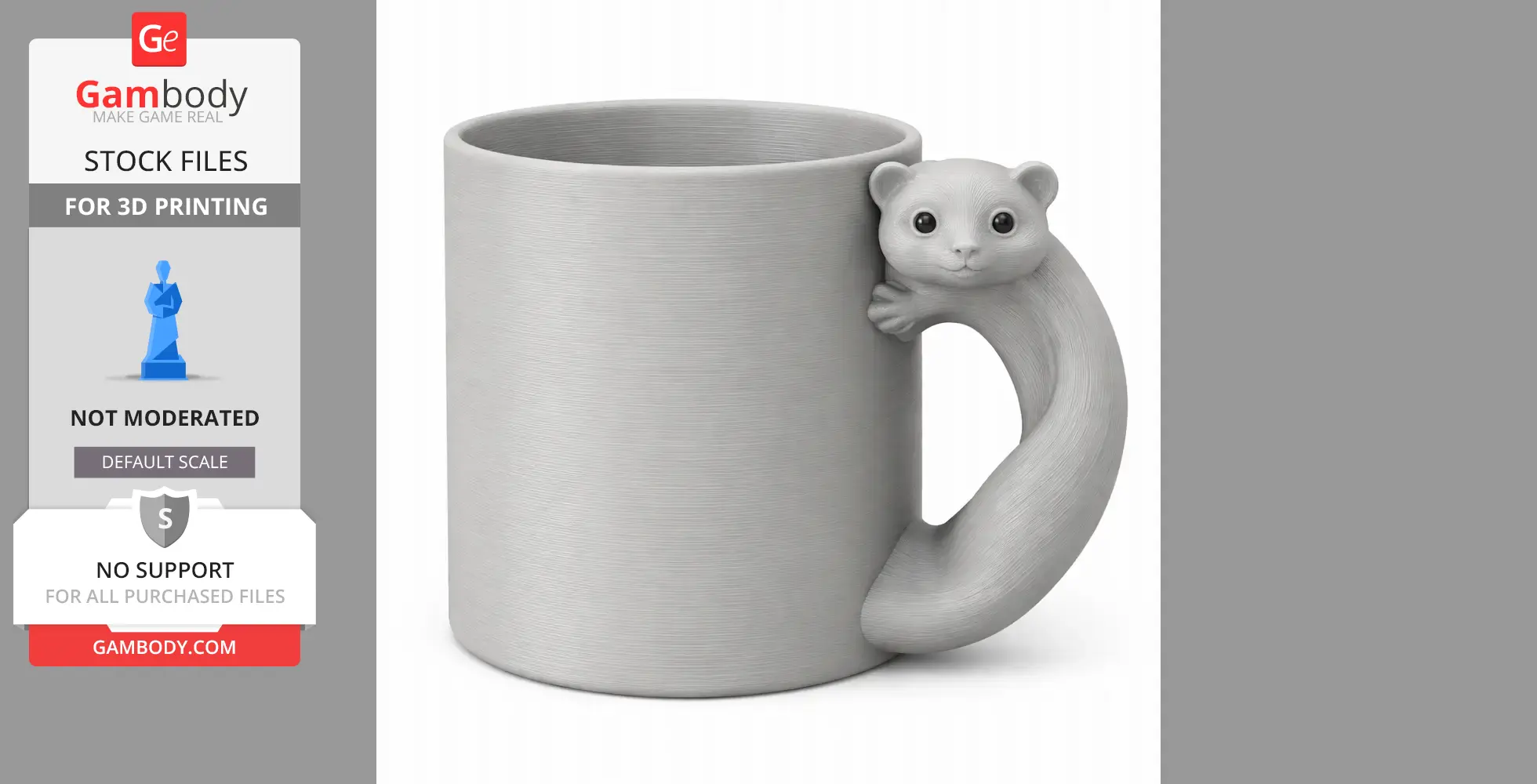 A mug with a weasel-shaped handle wrapping around it, designed for 3D printing.