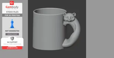 A 3D model of a mug with a cute weasel-shaped handle for 3D printing.