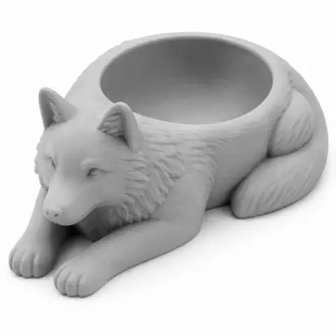 3D model of a wolf-shaped bowl with detailed fur texture, designed for 3D printing.