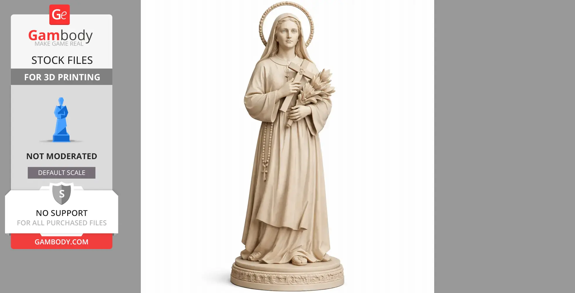 A 3D printed statue of a saint holding a cross and flowers, with a halo, on a decorative base.