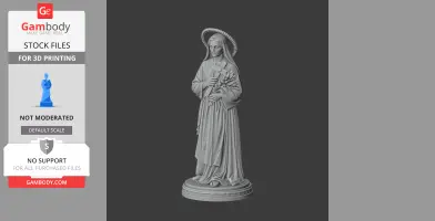 A 3D model of a serene woman in robes, holding flowers and a cross, with a halo and standing on a pedestal.