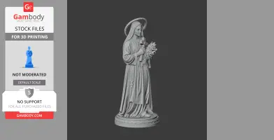 A 3D printable statue of a robed woman holding a cross and lilies, with a halo on her head.