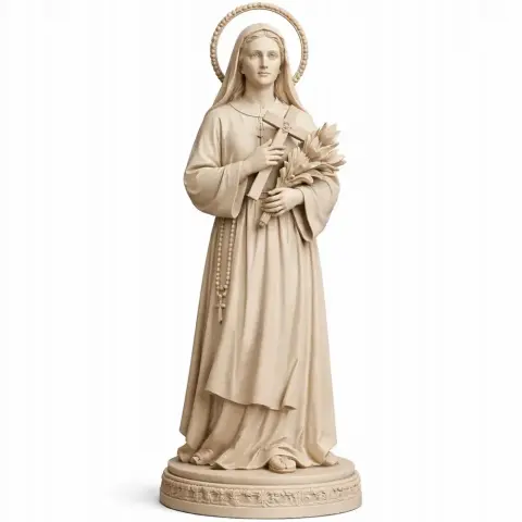 A 3D printed statue of a serene woman in robes holding a crucifix and flowers, with a halo behind her.