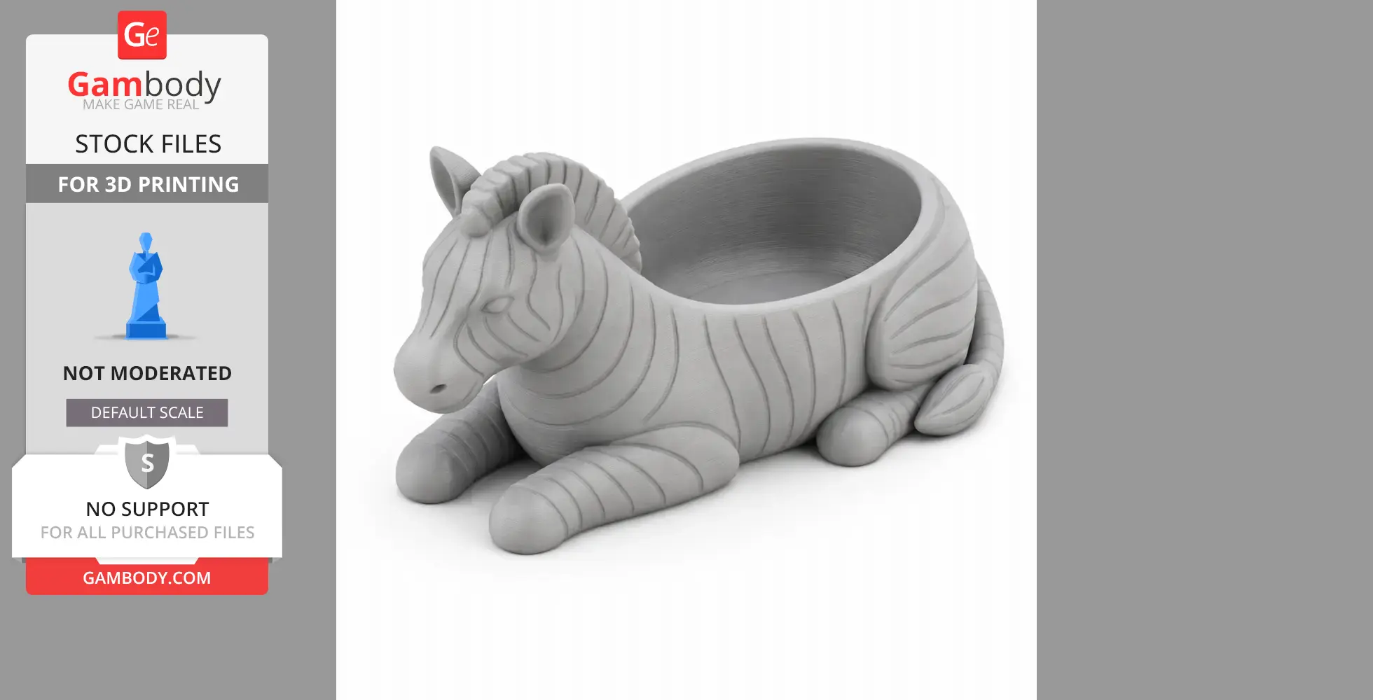 3D printed zebra-shaped bowl with detailed stripes, lying down pose.