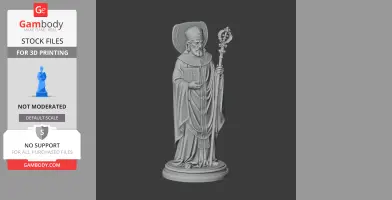 A detailed statue of a saint holding a staff and book, wearing ornate robes and a mitre.