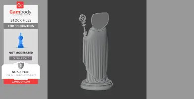 A stylized 3D statue of a robed figure holding a staff, designed for 3D printing.