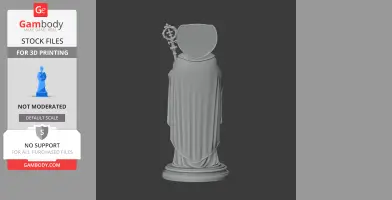 A 3D model of a draped statue holding a staff, on a circular base, ready for printing.
