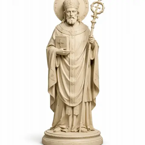 3D model of a devotional statue of Saint Agricius, holding a staff and book, wearing detailed robes.