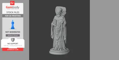 A detailed statue of Saint Agricius holding a staff and book, wearing robes and a bishop's hat.