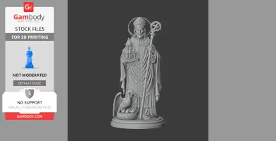 A detailed 3D statue of a robed figure holding a building model, with a bird and nest at the base.