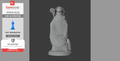 A 3D model of a draped statue holding a staff, with a prominent halo and detailed base.