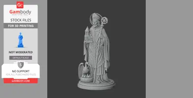 A detailed statue of a bearded saint holding a miniature building, with a bird and nest at his feet.