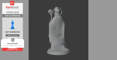 A robed figure statue with a bishop's mitre, holding a crosier, on a round base, viewed from the back.