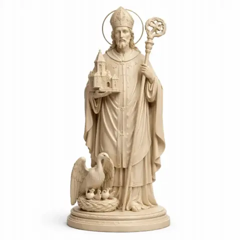Saintly figure holding a model of a church and a staff, with an eagle at the base, designed for 3D printing.