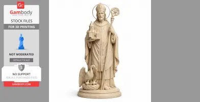 A statue of a robed saint holding a church and staff, with a pelican and chicks at the base.