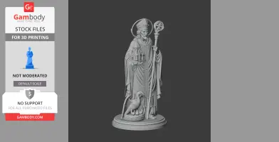 A detailed 3D model of Saint Agricola holding a staff and a model of a church, with a bird at his feet.