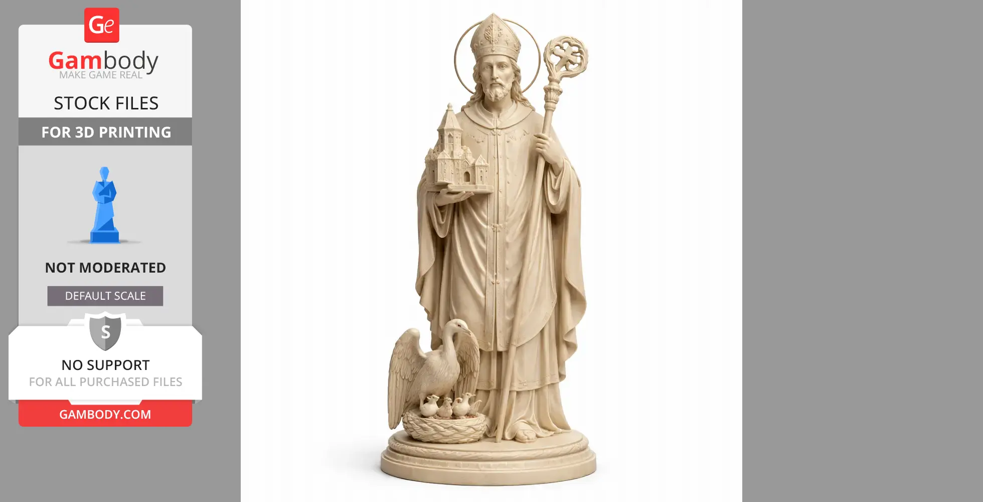 A statue of a robed saint holding a church and staff, with a pelican and chicks at the base.