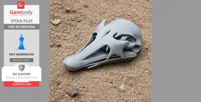 Gray Avebrevicauda skull replica on sandy ground, detailed 3D-printed design.