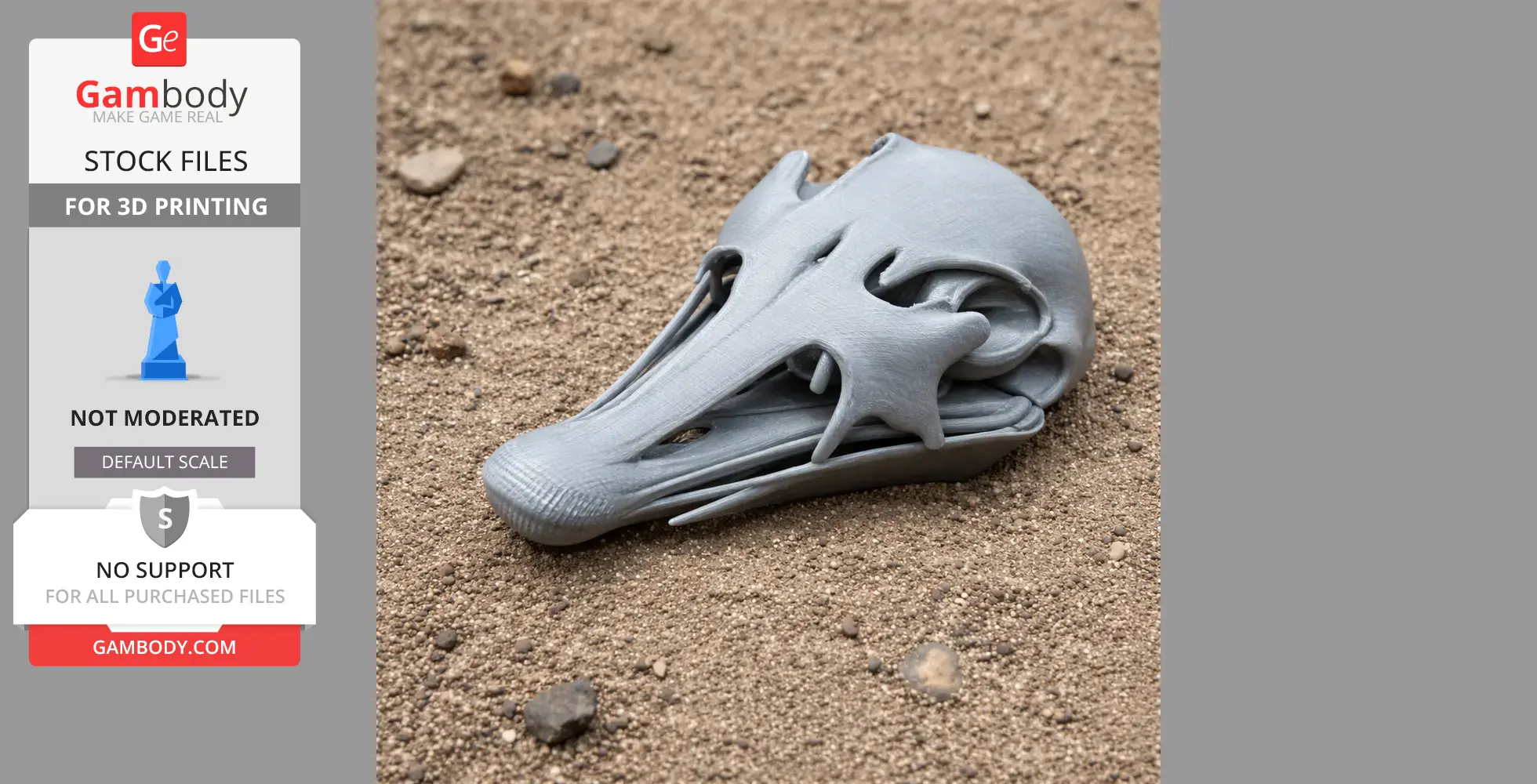 Gray Avebrevicauda skull replica on sandy ground, detailed 3D-printed design.