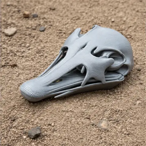 3D-printed Avebrevicauda skull replica, detailed and gray, resting on sandy ground.