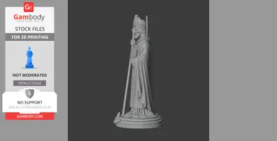 3D model of a robed figure holding a staff, wearing a mitre, standing on a decorative base.