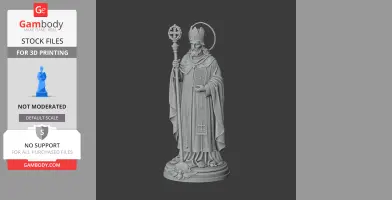 A 3D model of a bishop holding a staff, wearing robes and a mitre, on a decorative base.