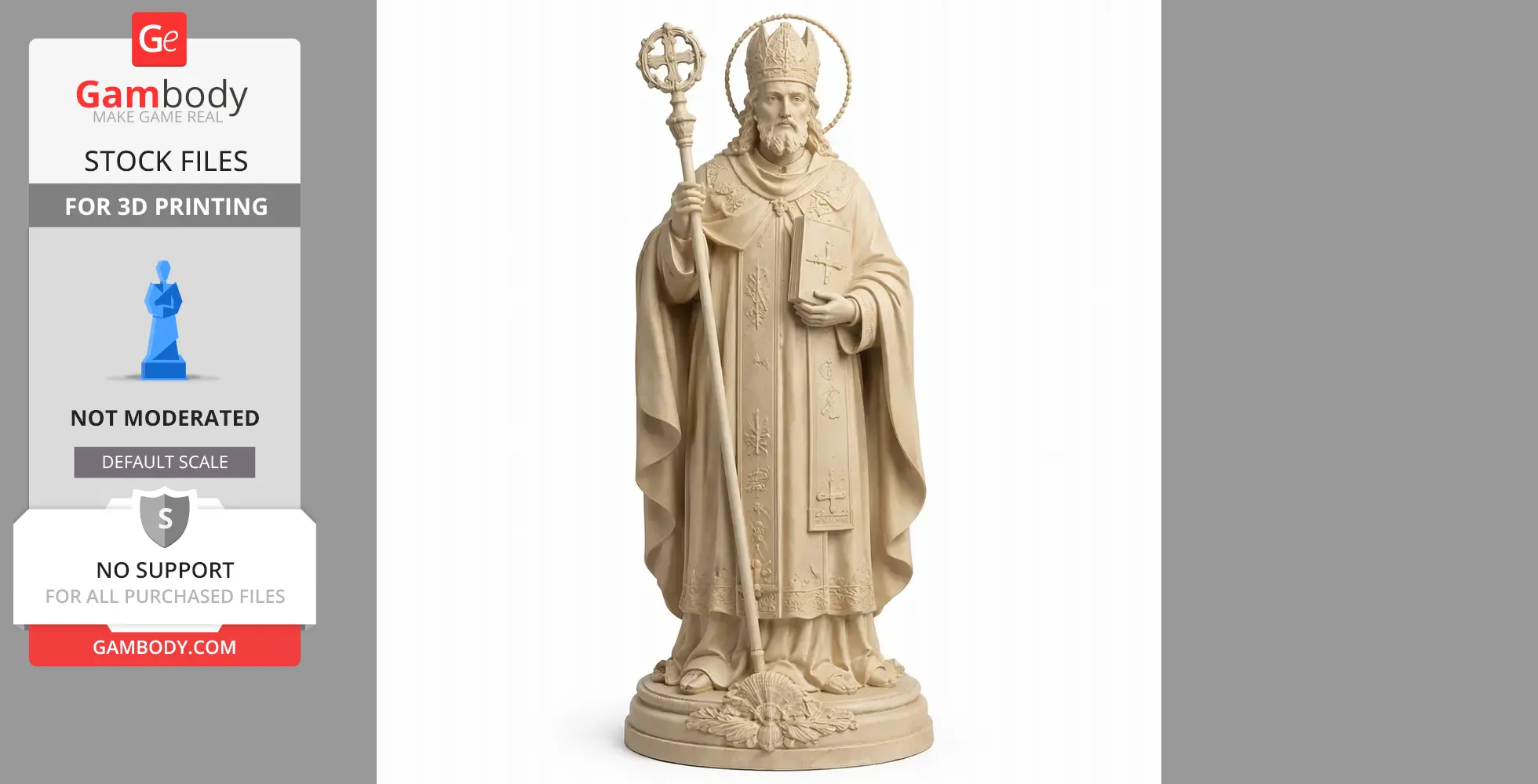 3D model of a robed saint holding a staff and book, wearing a mitre and halo, on a detailed base.