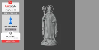 Statue of a robed religious figure holding a staff, adorned with a halo and ornate detailing.