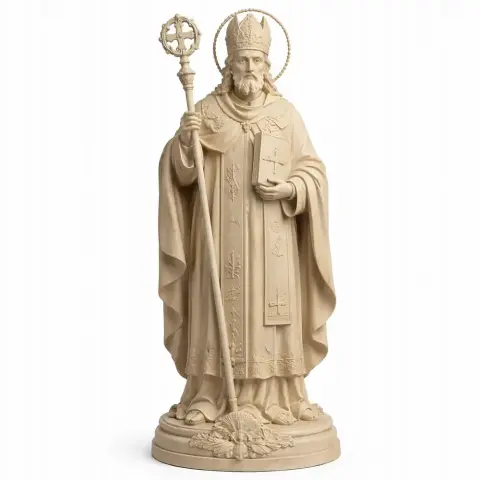 A detailed 3D model of a bishop in robes holding a staff and book, wearing a mitre and halo, on a circular base.
