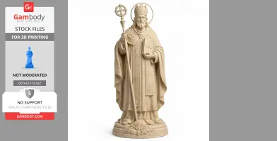 3D model of a robed saint holding a staff and book, wearing a mitre and halo, on a detailed base.