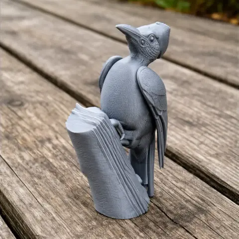 3D model of a prehistoric-style woodpecker perched on a log, designed for 3D printing.
