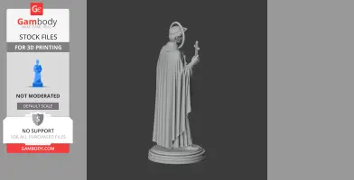 3D model of a saint holding a cross, wearing a halo and robe, standing on a round ornate base.