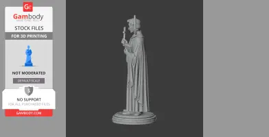 A 3D model of a robed figure holding a cross and a book, standing on a decorative base.