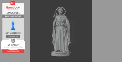 A 3D model of a saint holding a cross and book, adorned with a halo and flowing robes on a pedestal.