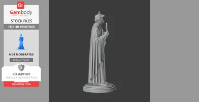 A 3D model of a standing figure in robes holding a cross, with a halo behind the head.