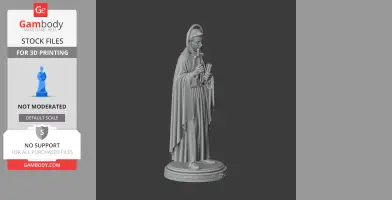 A 3D model of a saint holding a book and cross, wearing robes and a halo, on a decorative base.