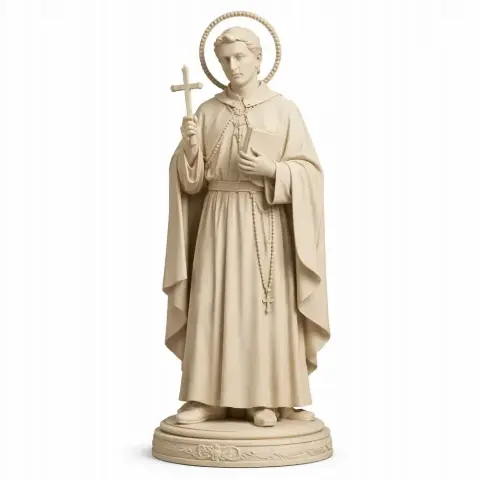 A 3D-printed statue of a saint holding a cross, wearing robes and a halo, with a rosary at his side.