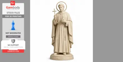 A 3D print model of a saintly figure holding a cross, wearing robes with a halo and rosary.