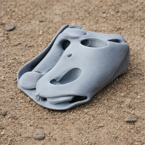 3D-printed Balaur skull replica with distinct holes, resting on a textured surface.